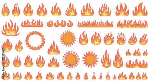 Fire flames set, geometric frames circle square triangle, burning effects, flying sparks, vector art, isolated black background, dramatic fiery visual illustration