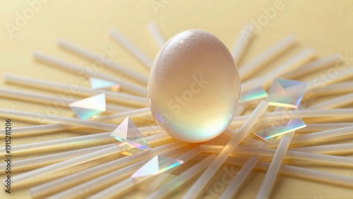 Egg surrounded by straws and crystals on a yellow surface