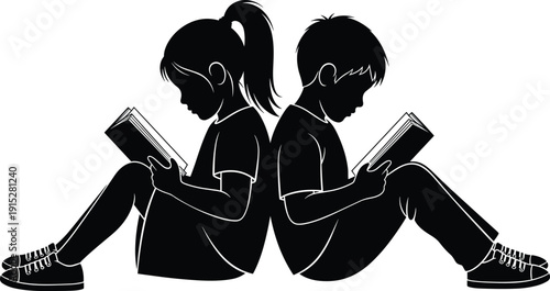 Children reading books silhouette, back to back kids, education concept, literacy illustration, study habits, school learning, childhood concentration, flavector