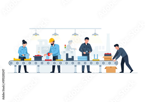 Factory Assembly Line with Workers and Conveyor Belt System