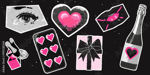 A playful collage of love and celebration elements on a black background
