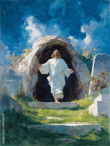 Spiritual watercolor painting of Jesus Christ ascending from the grave, ai generated