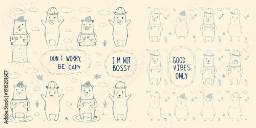 Cute hand drawn polar bears with positive messages and whimsical cloud designs