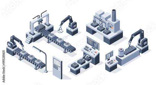 Industrial robotic arms and machinery in various manufacturing settings.