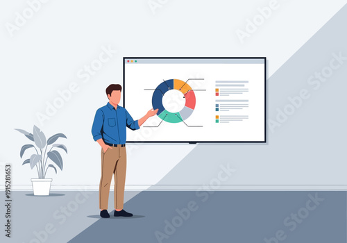 Man Presenting Colorful Pie Chart on Screen in Office