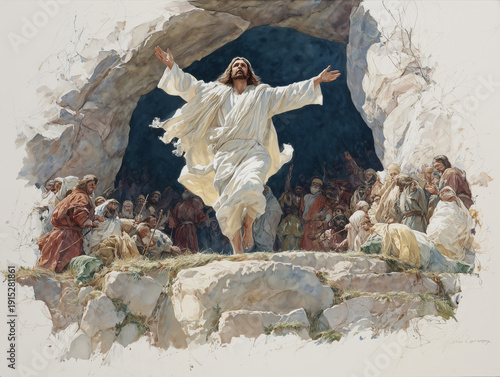 Easter morning scene: Jesus Christ walking out of the empty tomb in watercolor, ai generated