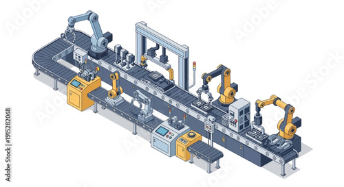Industrial robotic assembly line with automated machinery and conveyor belts.