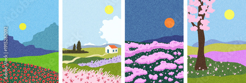 Set of spring summer landscapes vector illustration. Hand drawn wall art. Flowers, fields and meadows, trees, house.