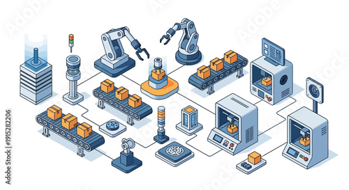 Industrial manufacturing process with robotic assembly line and machinery.