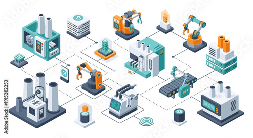 Industrial manufacturing process infographic with robotic assembly line.