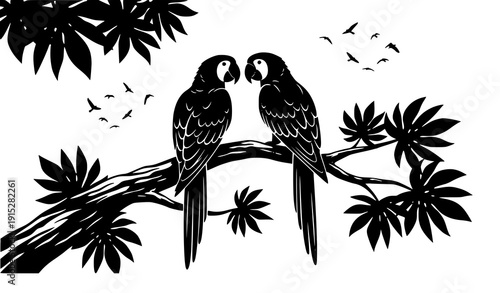 Parrots on branch tropical leaves black silhouette vector