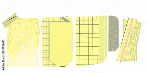 Arrangement of torn sticky notes with varied patterns and colors