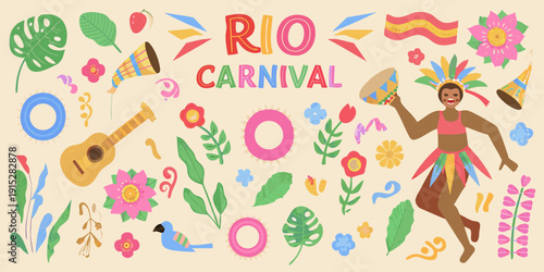 A colorful illustration depicting rio carnival with festive elements and a dancer