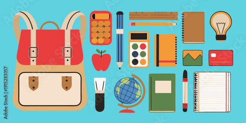 Colorful flat lay of school supplies arranged on a blue background