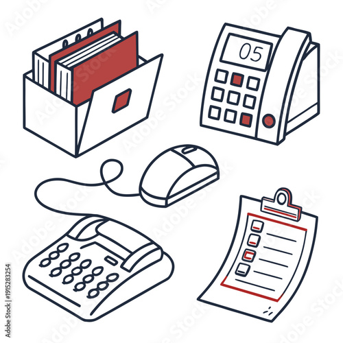 Office administration tools set including folder telephone timer mouse checklist