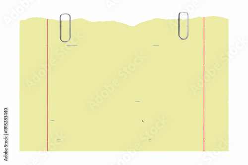 Yellow lined paper with two silver paper clips attached to the top