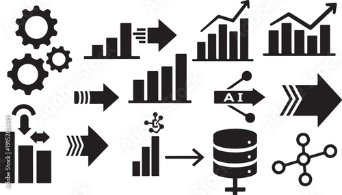 Business data analysis and artificial intelligence concept icons set