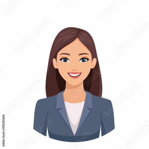 Illustration of a smiling businesswoman with long brown hair wearing a blue blazer.