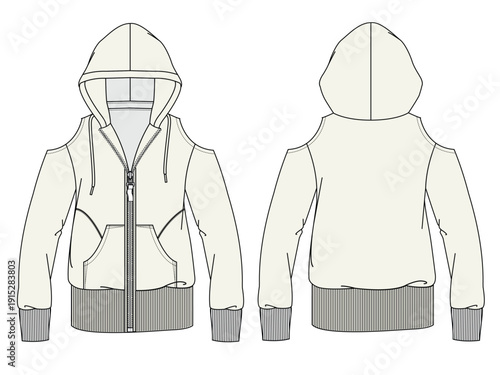 Hoodie with cut out shoulders for women technical flat sketch vector mockup illustration.