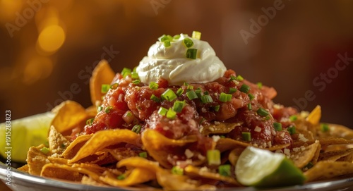 A party platter featuring nachos with fresh tomato salsa and smooth sour cream