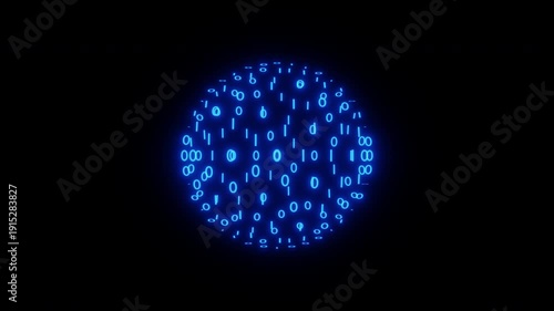 Loop of 5s Glowing blue and Green binary digits form a sphere on a black background, suggesting data, coding, and digital networks.