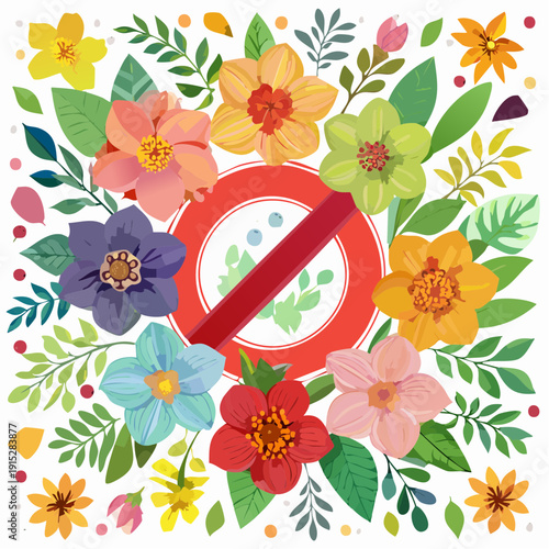 Colorful flowers surrounding a prohibition sign with germs inside.