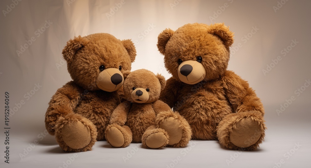 Obraz premium Two brown teddy bears and a baby bear sitting together on a white backdrop