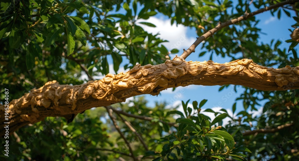 Fototapeta premium Peanut butter tree branch with lush greenery outdoors