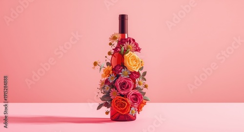 Rose wine bottle decorated with a colorful bouquet on a clean light background with copy space