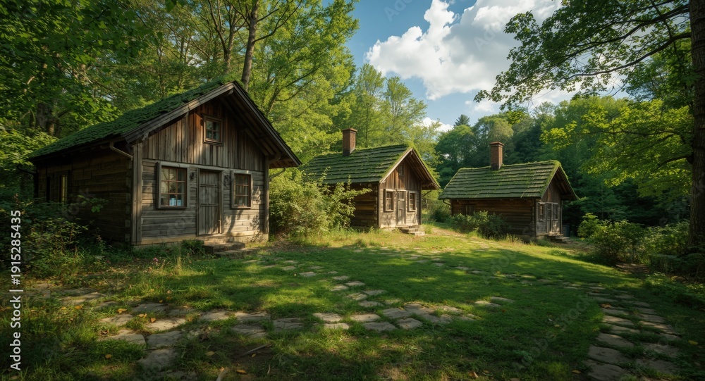 Fototapeta premium Rustic wooden cottages on stone paths in a summer ecological village setting