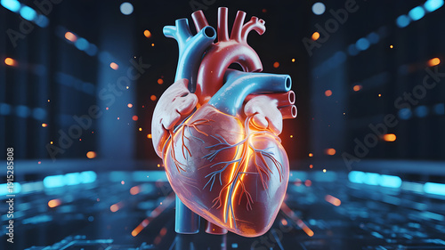 Futuristic human heart model glows with orange neural pathways in a dark digital laboratory setting