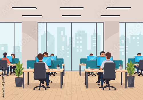 Open Office Space with Employees Working at Desks