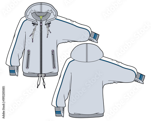 Ladies athletic hoodies flat sketch vector mockup template technical illustration.