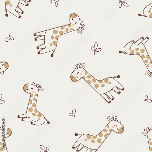 Seamless pattern with cute cartoon jungle giraffes, minimalist safari animal vector illustration for kids textile, baby wallpaper, nursery decor, surface design, playful and modern artwork