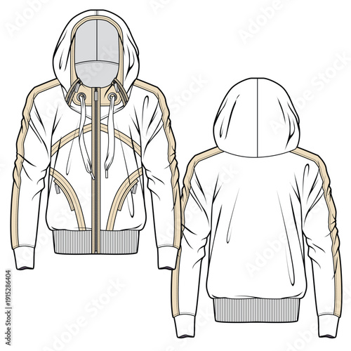 Ladies casual hoodies vector mockup template technical technical line drawing.