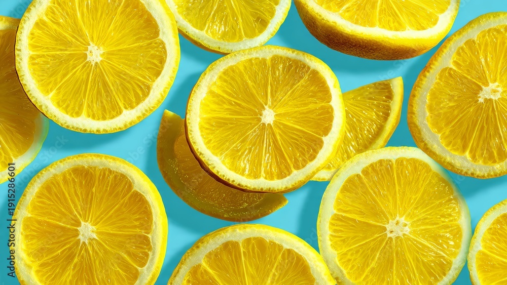 Fototapeta premium Vibrant Overhead View of Fresh Lemon Slices Scattered on a Bright Blue Background, Top-Down Shot