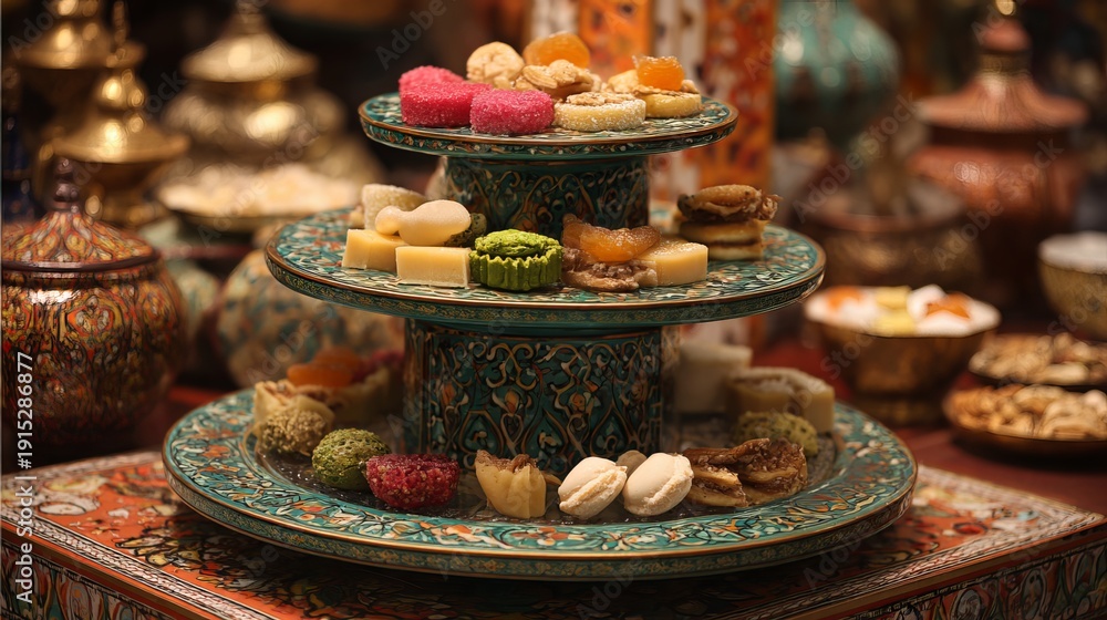 Fototapeta premium Assorted Eastern sweets displayed on a two-tiered stand with colorful pastries and traditional desserts in a festive arrangement 