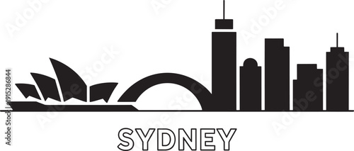Sydney Australia skyline silhouette with famous landmarks in black color on transparent background