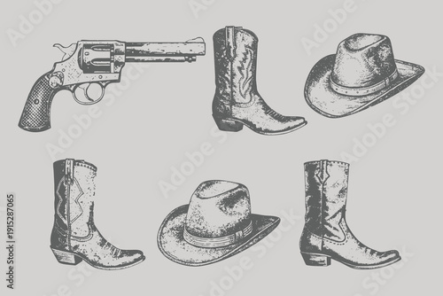 Wild West collection set cowboy hat, boots, gun, hat, cap in vintage engraving style. hand drawn western element. eps 10