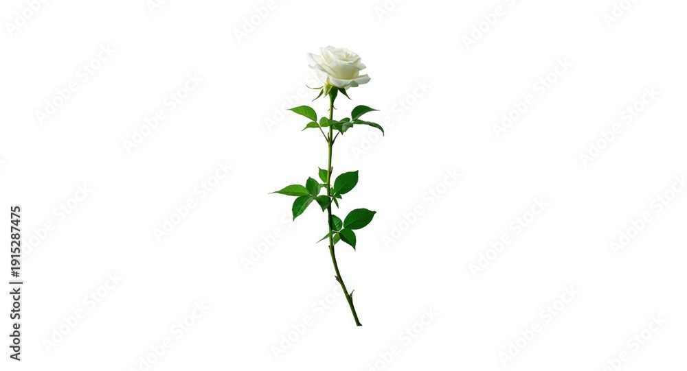 Obraz premium Pure white rose with long stem and green leaves on white background for floral design use