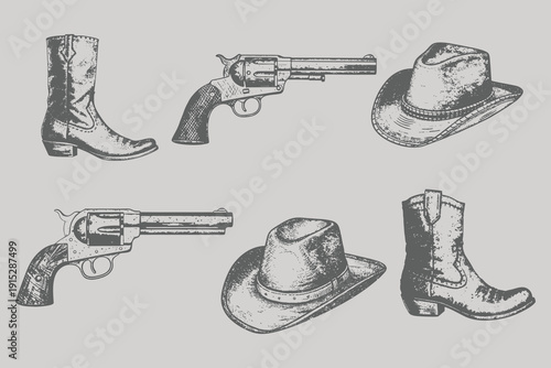 Vintage engraving style boots, gun, hat, cap vector illustration. hand drawn American engraving style western element. Eps 10