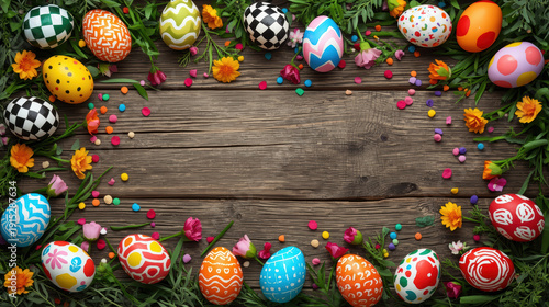 Cornice pasquale rustica con uova colorate fiori e coriandoli su tavolo di legno scuro. Generative AI 