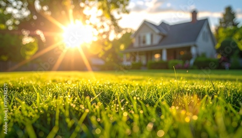 Bright morning sun shines over dew-kissed grass in front of a cozy suburban house