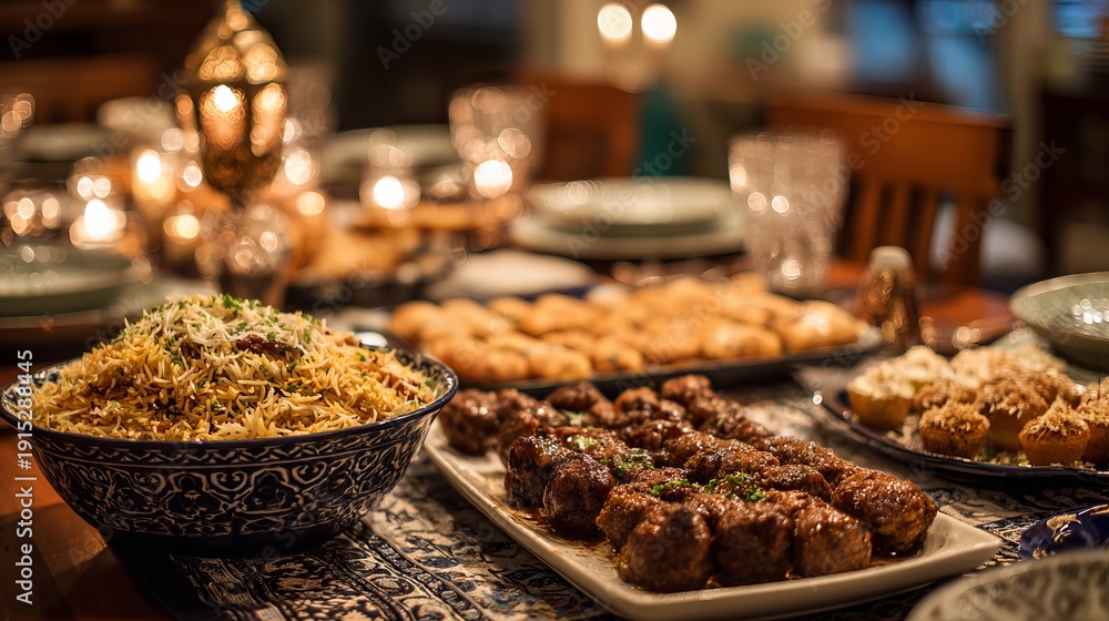 Obraz premium Family gathered around a festive Eid dinner table with biryani, kebabs, and traditional sweets under warm cozy lighting