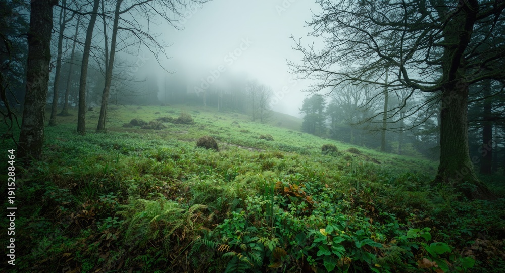 Obraz premium Mystical spring hillside blanketed with fog, clouds, and rich green flora
