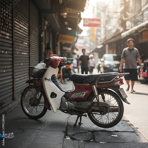 Delivery service motorcycle on an old city street background.