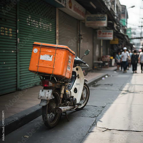 Delivery service motorcycle on an old city street background.