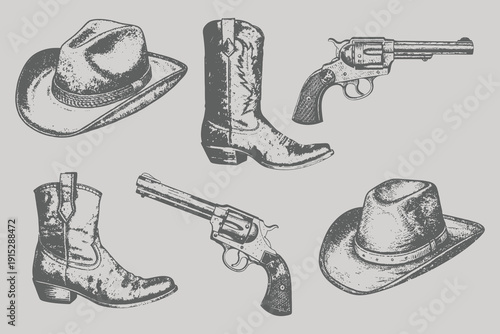 Wild West element set. hand drawn American engraving boots, gun, hat, cap vector illustration. Eps 10