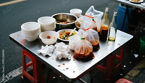 Leftover food bowls and condiment bottles on a local restaurant table after eating.