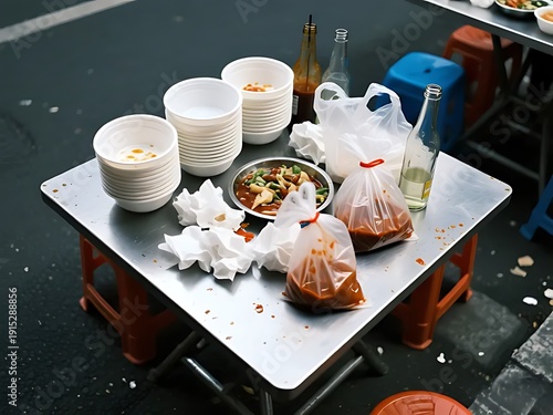 Leftover food bowls and condiment bottles on a local restaurant table after eating.